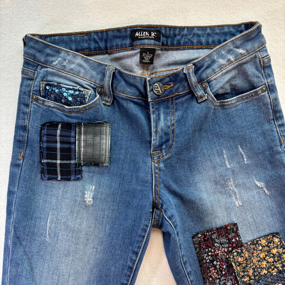 Allen B. Patchwork Flare Jeans Women 6 Blue Sequin Distressed Boho Denim - Picture 2 of 10